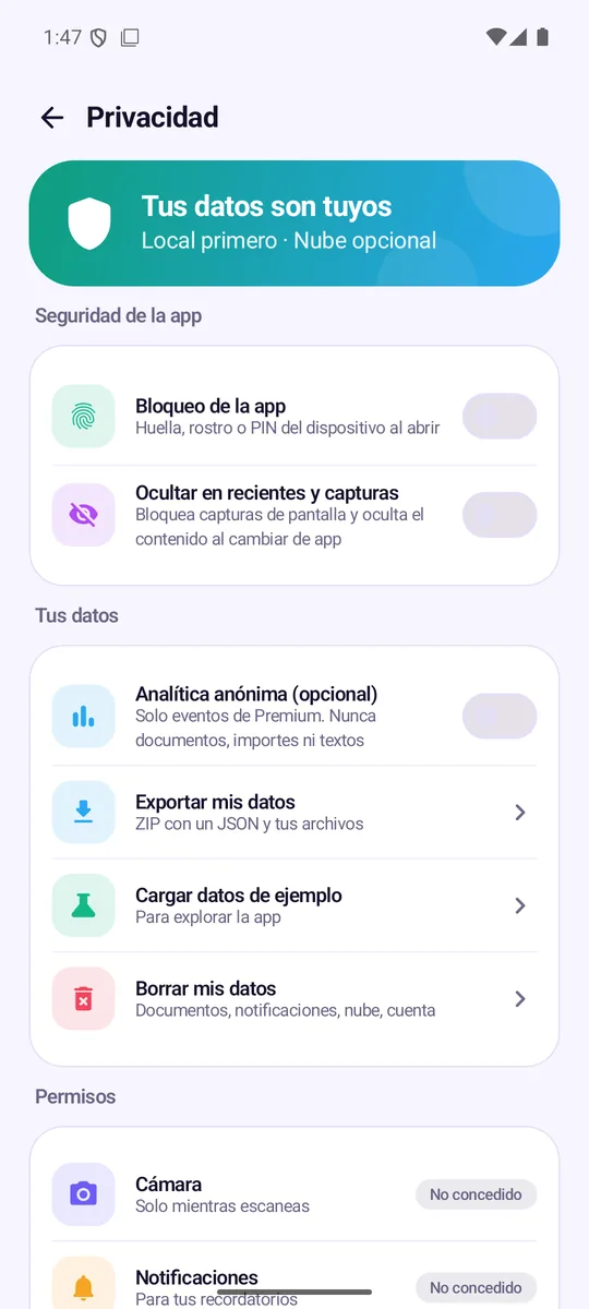 Centro de privacidad con controles de datos