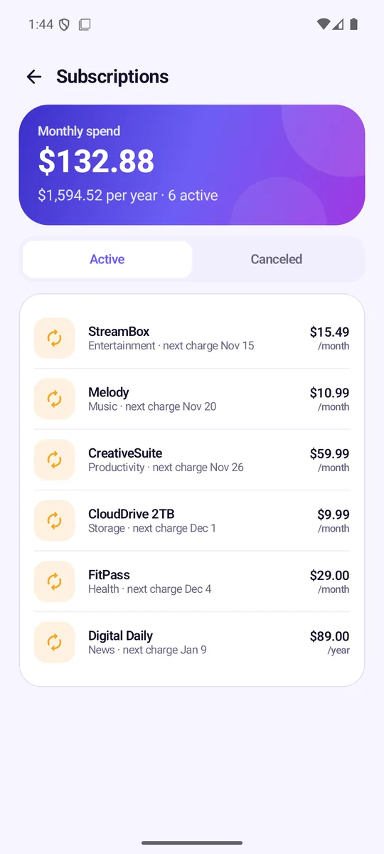 Detected subscriptions and their monthly cost